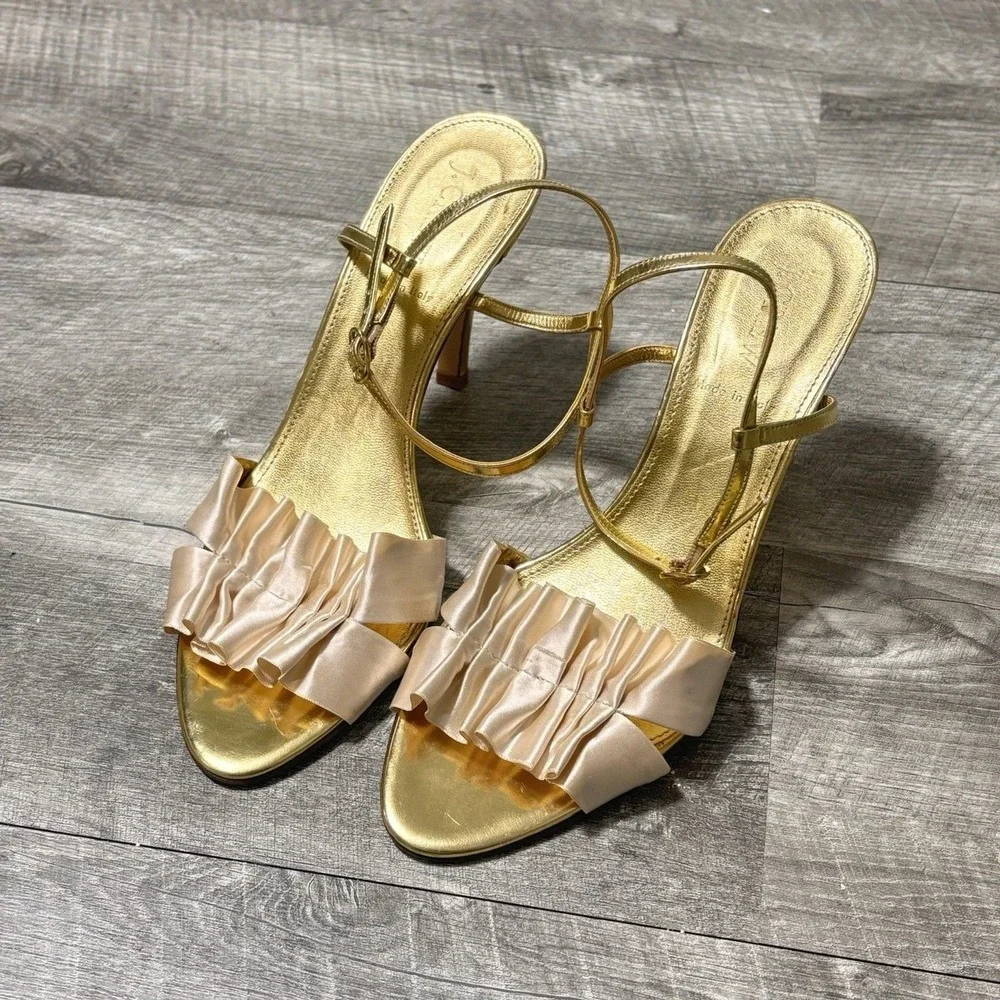 J CREW Y2K Wedding Ruffle Gold &‎ Cream Slingbacks High Heels Shoes Women Sz 8